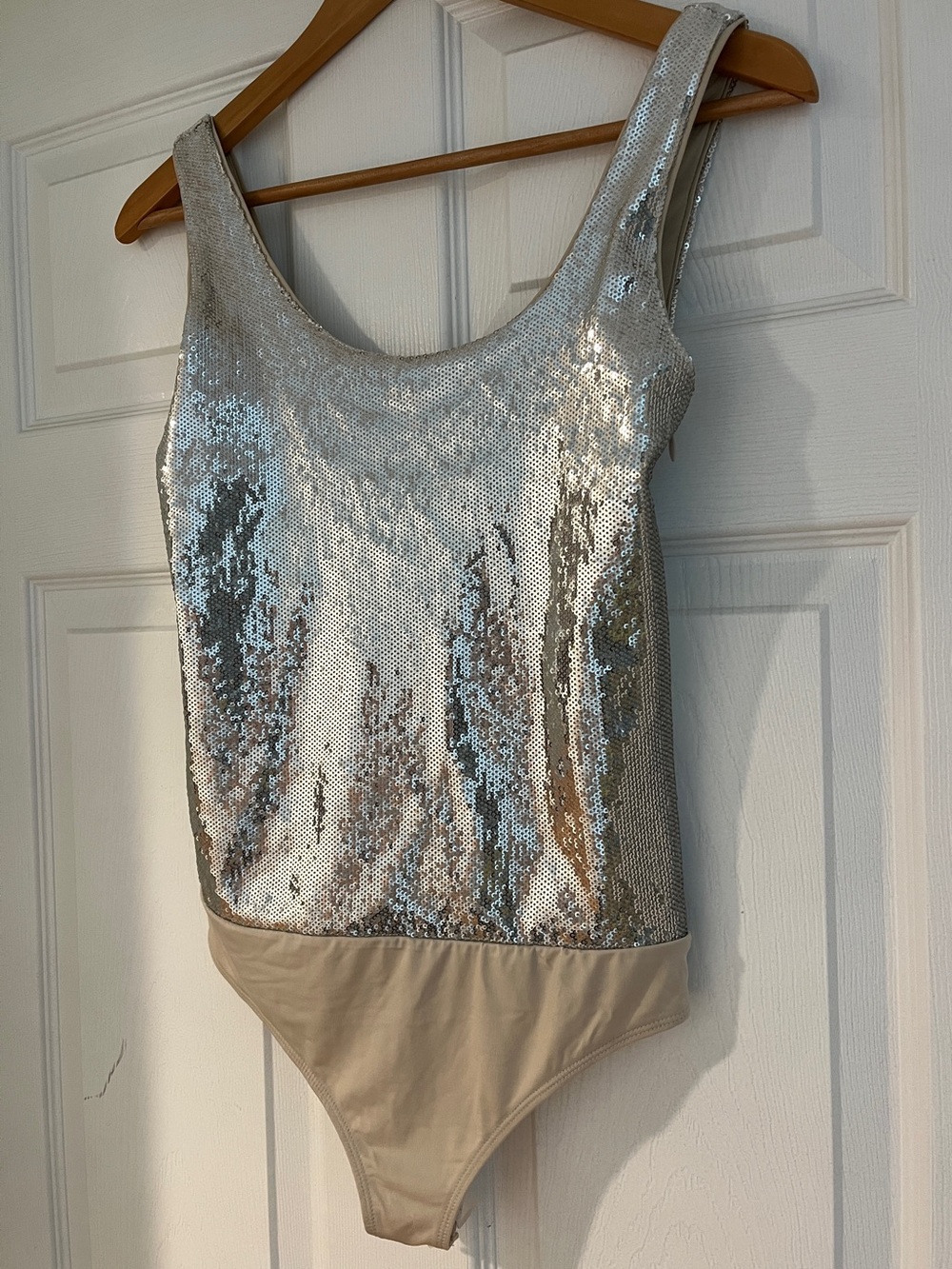 NWT Express S Body Contour Silver Sequin Scoop neck bodysuit NEW sculpt smooth